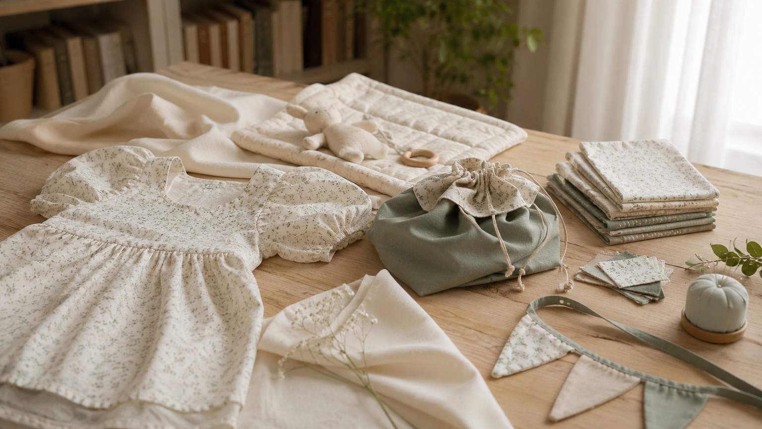 Vestido infantil, bolsa, retalhos e peças para casa confeccionados em tricoline