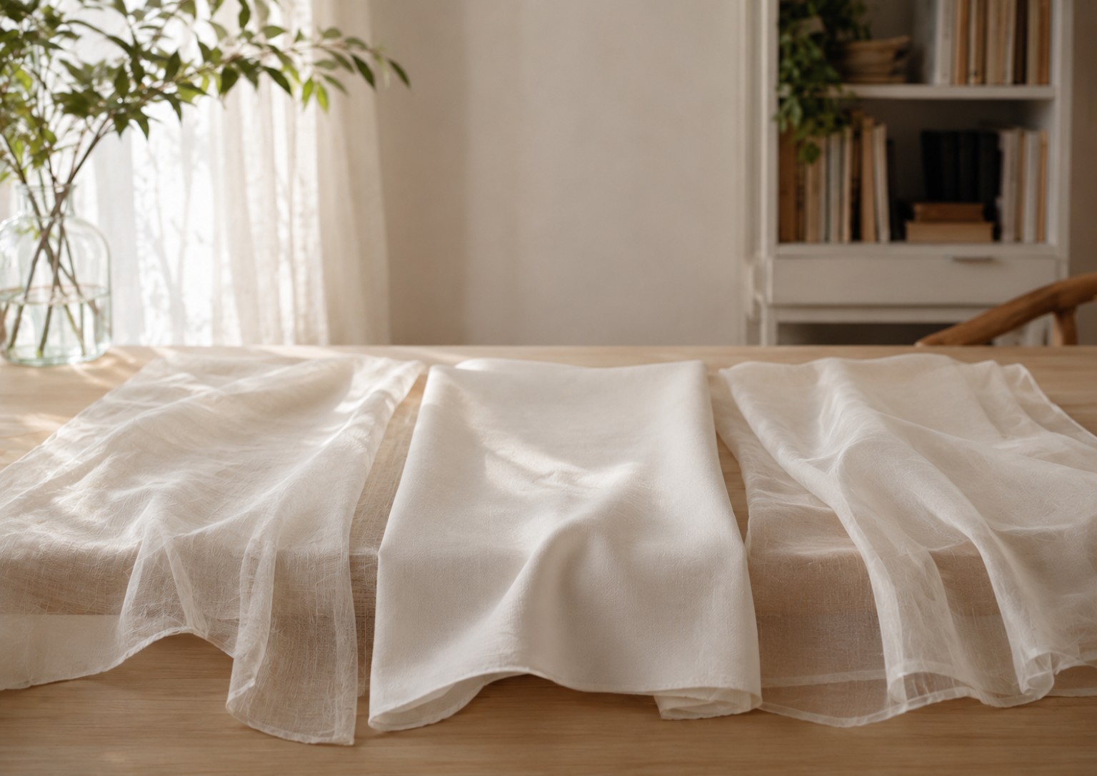 Três tecidos claros com diferentes graus de cobertura e transparência