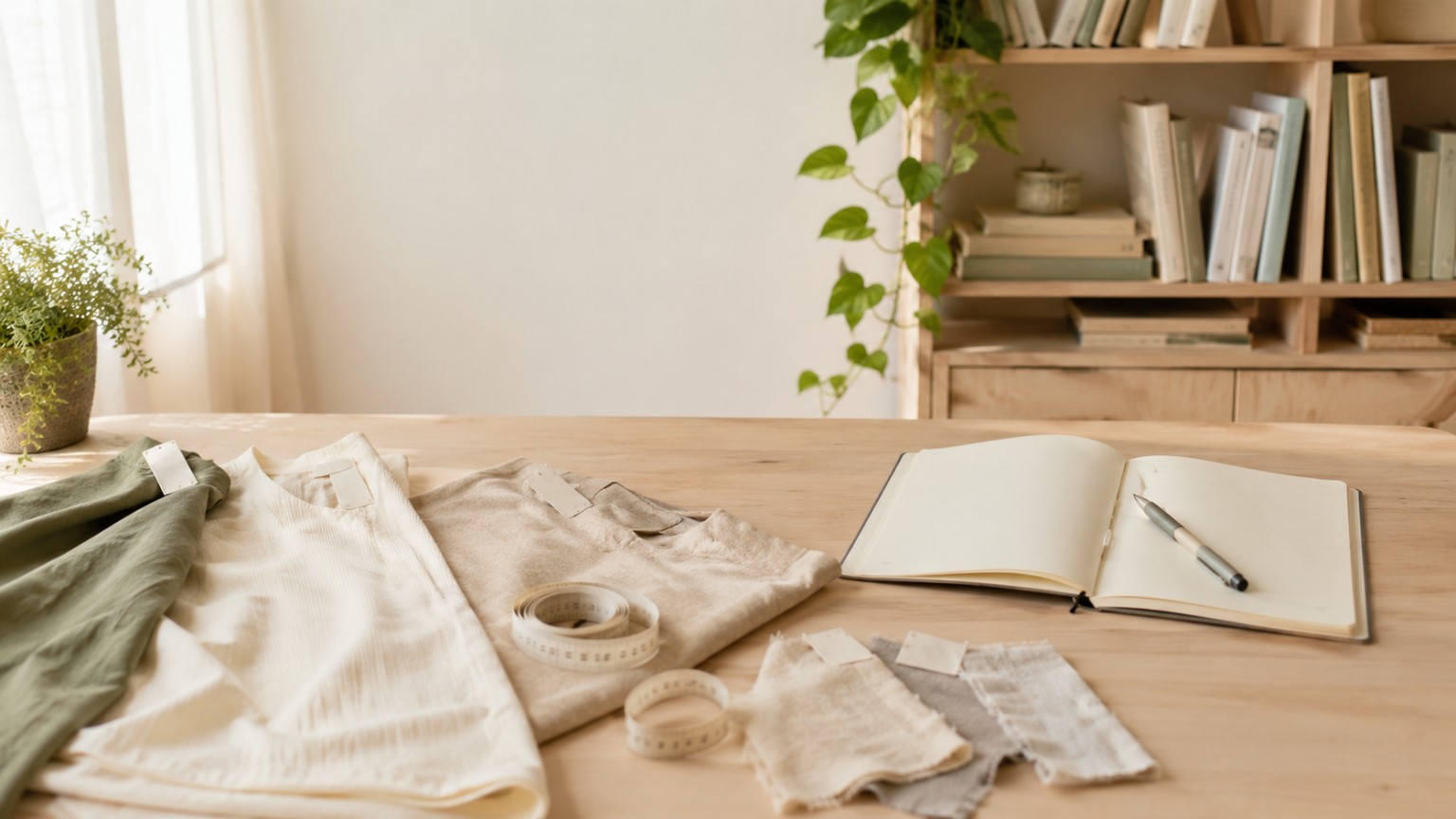 Mesa clara com peças de roupa, etiquetas, amostras de tecido, fita métrica e caderno em uma biblioteca-ateliê